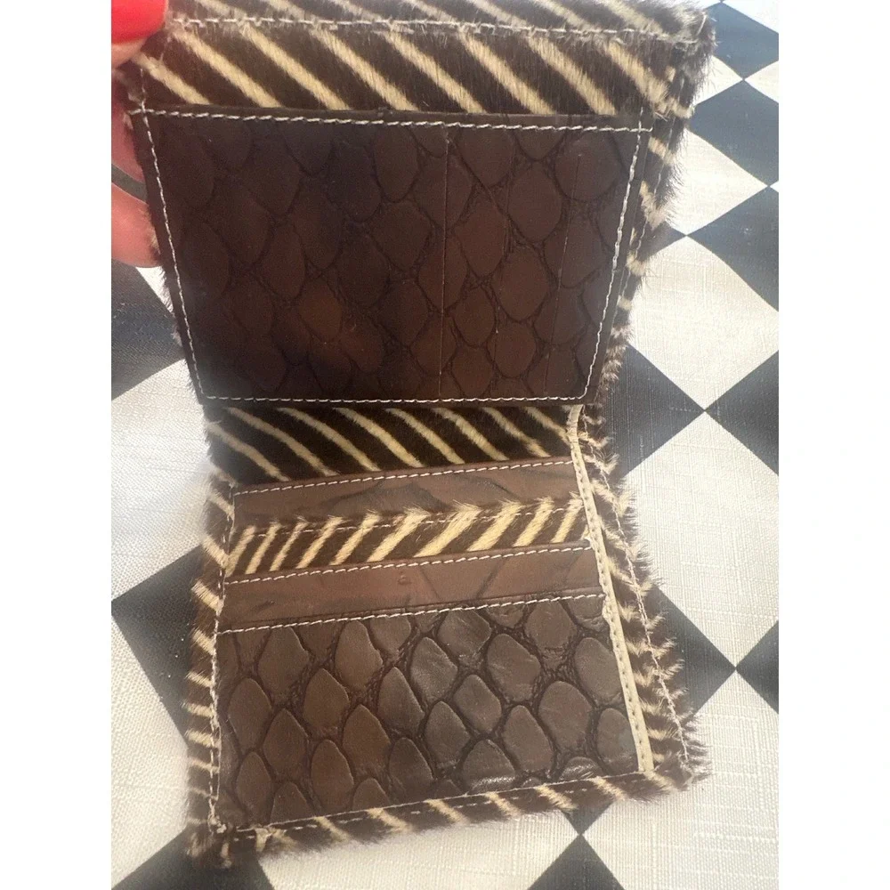 Zebra Print Calf Hair Bifold Wallet Brown Cream Animal Hide Card Case ID Window